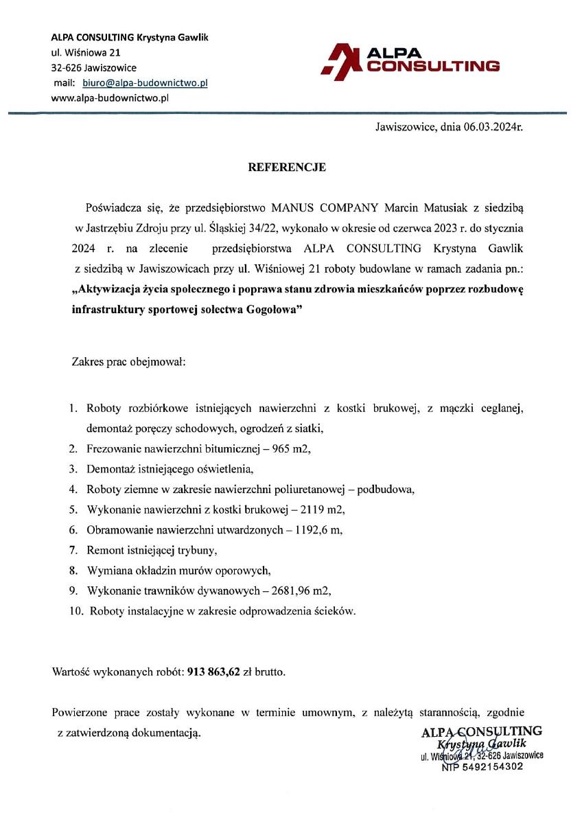 Referencje 2024 Alpa Consulting – Gogołowa